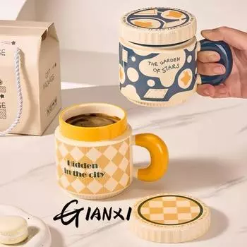 Винтажная керамическая кружка, пара чашек с крышкой, высокий уровень внешнего вида, офисная большая емкость, кофейная чашка, чашка для воды, подарочная коробка 400ml