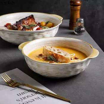 Винтажная керамическая миска с двумя ушами, большая емкость, суповая миска, салатница, миски для вареной рыбы, сервировочные миски, специальная гостиничная посуда