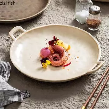 Винтажная керамическая тарелка с двумя ушками, креативный узор в виде молотка, салатная тарелка, десертная тарелка для суши, специальная посуда для молекулярной кухни