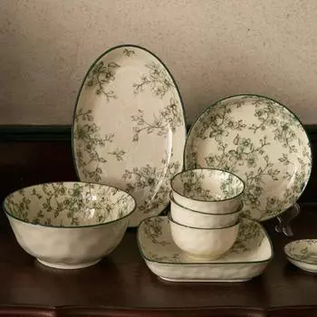 Винтажная керамическая тарелка с зеленым цветком, элитные ресторанные обеденные тарелки, суповые миски, изысканные блюда, глубокая тарелка, бытовая посуда