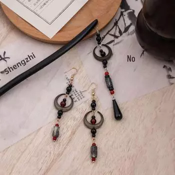 Винтажная китайская деревянная шпилька с кисточками и серьги-полумесяцы в стиле ханьфу