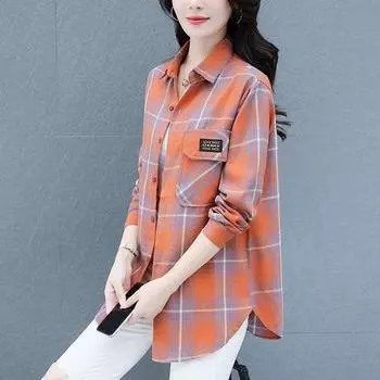Винтажная классическая клетчатая аппликация на пуговицах, модная повседневная нерегулярная свободная рубашка с длинным рукавом из хлопка, блузки для женщин, одежда XL красный