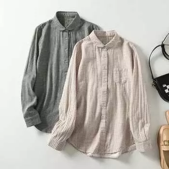 Винтажная классическая клетчатая рубашка с круглым вырезом из хлопка и льна, универсальный топ с длинными рукавами для женщин, блузки и рубашки M