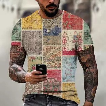 Винтажная клетчатая футболка для мужчин, полосатая мужская одежда с рисунком, модная толстовка с круглым вырезом и короткими рукавами, пуловер большого размера, уличная одежда 6XL