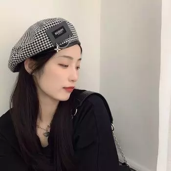 Винтажная клетчатая шляпа с цепочкой, крутые модные японские шапочки, берет с металлической нашивкой, элегантная, милая, модная шляпа уличного художника 56-58cm чёрный