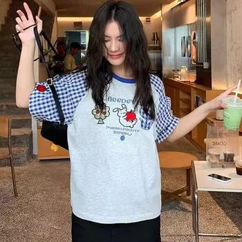 Винтажная клетчатая строчка женские футболки 220 г чистый хлопок короткий рукав y2k топы повседневные свободные уличные женские летние футболки M