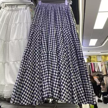 Винтажная клетчатая юбка-шпилька женская весна 2025 новая длинная юбка А-образного силуэта с высокой талией, тонкая и развевающаяся юбка-зонтик one size fits all синий