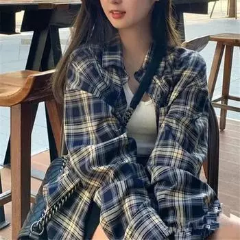 Винтажная клетчатая женская рубашка, шикарная верхняя куртка, весенняя тонкая верхняя одежда, блузка для женщин XXXXXL