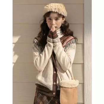 Винтажная контрастная куртка-свитер с узором Фэр-Айл, осенне-зимний ретро мягкий ворсистый вязаный кардиган, тренд average size