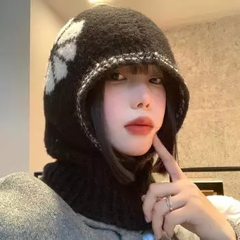 Винтажная контрастная шапка-балаклава женская осенне-зимняя теплая защита ушей для езды на велосипеде, морозостойкая вязаная плюшевая шапка M56—58cm