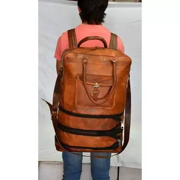 Винтажная коричневая кожаная двойная расширяемая дорожная сумка для спортзала на ночь и выходные дни 17 x 17 x 8 in коричневый