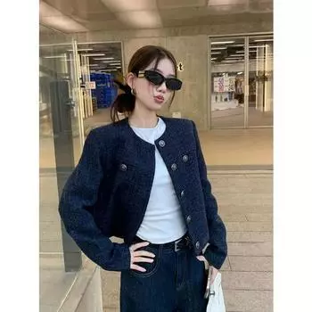 Винтажная короткая куртка с французским благородным темпераментом и чувством дизайна для женщин на осень S темно-синий