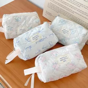 Винтажная косметичка с цветочным принтом для женщин, милый клетчатый клатч, женский дорожный косметичка, стеганый хлопковый цветок, маленькие сумки