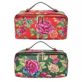 Винтажная косметичка в китайском стиле на северо-востоке с большим цветком и ручкой для туалетных принадлежностей, большая вместительная сумка для ухода за кожей, открытая плоская сумка для женщин красный