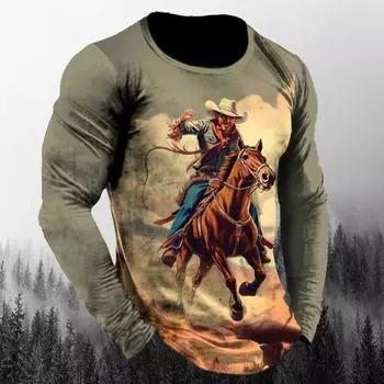 Винтажная ковбойская футболка, повседневная спортивная футболка с длинным рукавом, мужская ковбойская футболка с узором в стиле вестерн, зимняя свободная уличная футболка, одежда, пуловер S