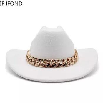 Винтажная ковбойская шляпа в стиле вестерн с толстой золотой цепочкой и изогнутым карнизом, джазовая кепка в стиле пастушки, женские фетровые шляпы-федоры 56-58CM