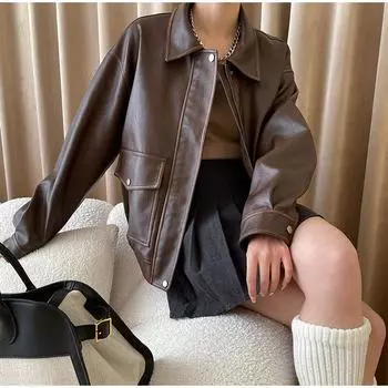 Винтажная кожаная куртка из искусственной кожи, мотоциклетная куртка, верхняя женская свободная утолщенная коричневая куртка, весна-осень, женская повседневная модная верхняя одежда S кофейный
