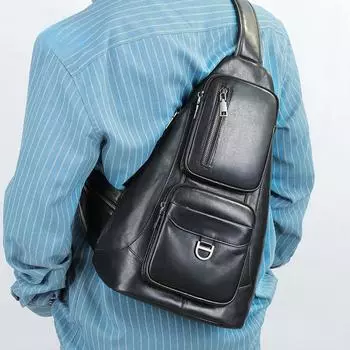 Винтажная кожаная многофункциональная мужская нагрудная сумка из коровьей кожи, сумка через плечо большой емкости чёрный