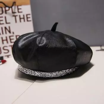 Винтажная кожаная шляпа-берет для женщин, осень-зима, теплая восьмиугольная кепка, элегантная однотонная женская кепка для художников чёрный