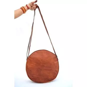 Винтажная кожаная сумка через плечо ручной работы для женщин/девочек-подростков, сумка-портфель, круглые сумки через плечо, маленький размер 10 дюймов, коричневый 10 x 10 x 3 in коричневый