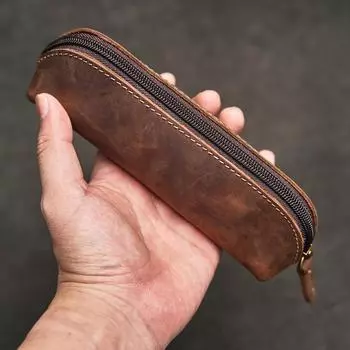 Винтажная кожаная сумка-карандаш, простой канцелярский чехол для ручки, сумка для хранения, пенал на молнии, коробка для очков, школьные принадлежности коричневый