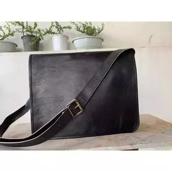 Винтажная кожаная сумка-мессенджер, подлинная сумка для ноутбука, черный портфель (черный) 18 x 14 x 6 in чёрный