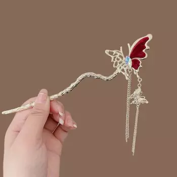 Винтажная красная заколка для волос с кисточкой в виде половины бабочки для женщин в китайском стиле, металлическая шпилька для волос, палочки для волос, аксессуары для волос