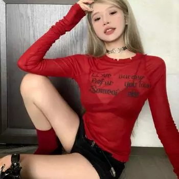 Винтажная красная женская футболка с длинным рукавом, прозрачная футболка с буквенным принтом, женские корейские модные весенние топы для девочек S красный
