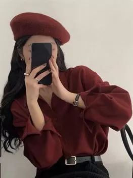 Винтажная красная женская рубашка в гонконгском стиле, осенняя французская новогодняя женская блузка, корейская версия, простой однотонный топ в ленивом стиле S