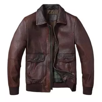 Китайский размер Vintage Red-Browm Flight A2 Мужская натуральная кожаная куртка Light Covered First Layer Cowhed Мужские куртки Осень и зима Пилот кожаная куртка XXL тёмно-рыжий