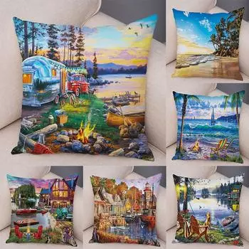 Винтажная красочная стильная наволочка с кокосовой пальмой, деревенский дом, пейзажная подушка, диван, автомобиль, офис, наволочка, домашний декор 40x40cm