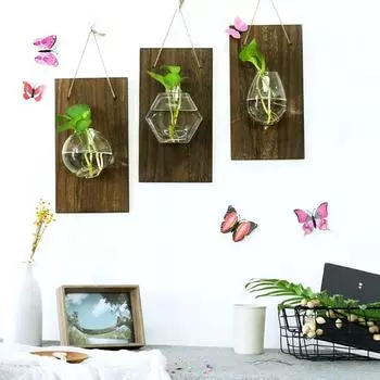 Винтажная креативная прочная стеклянная ваза с настенным креплением, деревянная рама, террариум, гидропонное растение