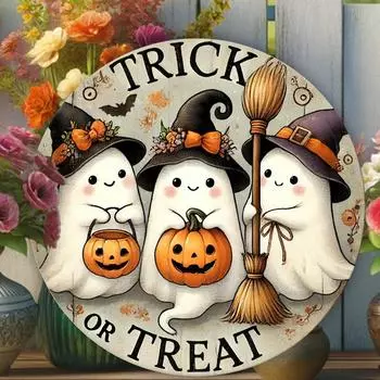 Винтажная круглая металлическая гирлянда на Хэллоуин - дизайн с привидением Сладость или гадость для украшения дома, кухни, сада, крыльца чёрный