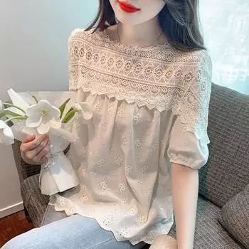 Винтажная кружевная рубашка с вышивкой, женские летние 2023, свободные блузки с короткими рукавами, женские модные элегантные топы, Blusas 27363 S абрикосовый