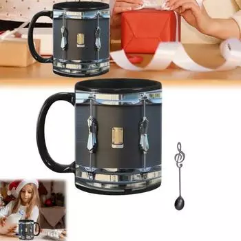 Винтажная кружка-барабан 11 унций керамическая чашка с ложкой забавная черная ретро-черная кружка-барабан кофейная кружка крутые подарки для барабанщика музыканта C