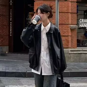 Винтажная куртка из искусственной кожи для женщин, уличная техническая одежда, большие размеры, байкерские пальто BF Punk, свободная повседневная укороченная верхняя одежда S чёрный