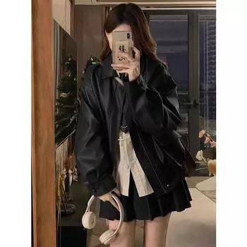 Винтажная куртка из искусственной кожи Pu Женская мода Панк Повседневная молния XXL чёрный