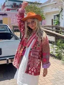 Винтажная куртка на шнуровке с красочным принтом, женская осенняя хлопковая верхняя одежда с длинными рукавами и v-образным вырезом, женская повседневная свободная женская куртка, уличная одежда S красный