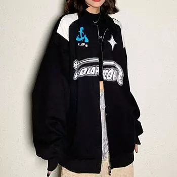 Винтажная куртка оверсайз, женская осенняя одежда в стиле Харадзюку с буквенным принтом, повседневное школьное пальто на молнии с длинными рукавами, корейская уличная одежда M чёрный