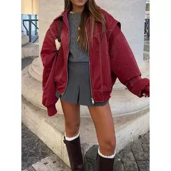 Винтажная куртка с контрастной строчкой и длинным рукавом, женская свободная однотонная куртка из искусственной кожи на молнии, женская осенняя уличная одежда S красный