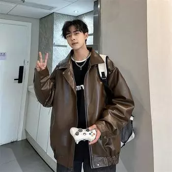 Винтажная куртка унисекс из искусственной кожи, бежевая уличная мотоциклетная куртка большого размера, свободная повседневная верхняя одежда в стиле панк, укороченный бомбер M чёрный