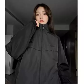 Винтажная куртка Y2k, женская ветровка большого размера в стиле Харадзюку, модная уличная одежда, повседневные куртки на молнии, корейский стиль, уличная одежда M серый