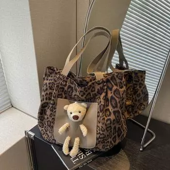 Винтажная леопардовая сумка-тоут большой емкости с принтом медведя через плечо для женщин коричневый