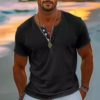 Винтажная летняя мужская футболка, уличная одежда, 3 пуговицы, свободная одежда, футболка с коротким рукавом и принтом L