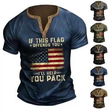 Винтажная летняя мужская футболка, уличная одежда, 3 пуговицы, свободная одежда, футболка с коротким рукавом и принтом