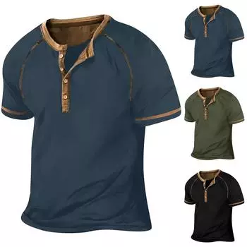 Винтажная летняя мужская футболка, уличная одежда, 3 пуговицы, свободная одежда, футболка с коротким рукавом и принтом