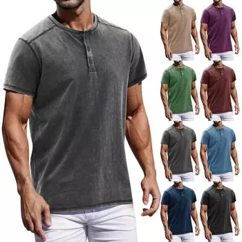 Винтажная летняя мужская футболка, уличная одежда, 3 пуговицы, свободная одежда, футболка с коротким рукавом и принтом L чёрный