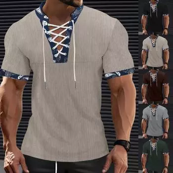 Винтажная летняя мужская футболка, уличная одежда, 3 пуговицы, свободная одежда, футболка с коротким рукавом и принтом