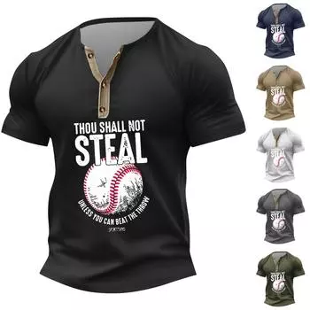 Винтажная летняя мужская футболка, уличная одежда, 3 пуговицы, свободная одежда, футболка с коротким рукавом и принтом