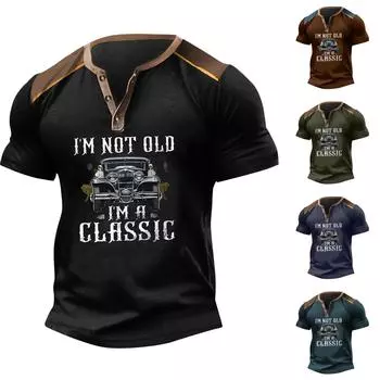 Винтажная летняя мужская футболка, уличная одежда, 3 пуговицы, свободная одежда, футболка с коротким рукавом и принтом